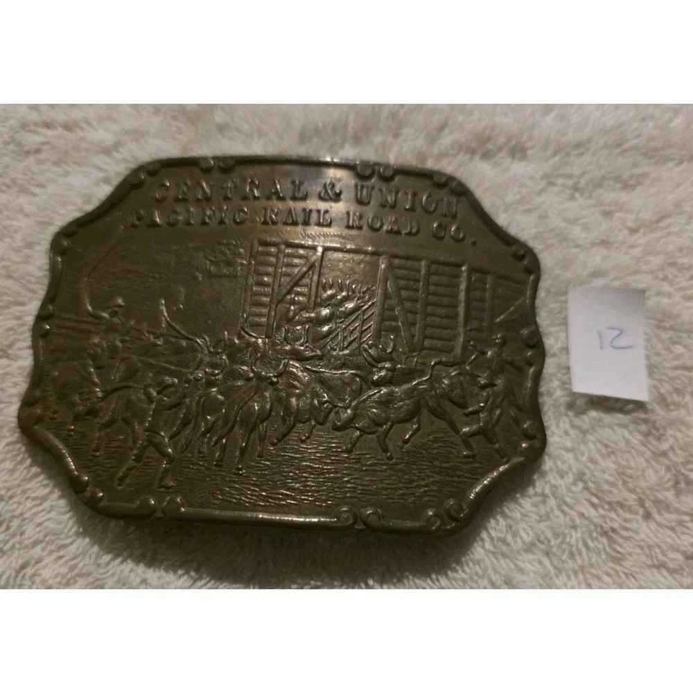 Tiffany Central & Union Pacific Railroad Western Americana Brass Belt Buckle 12
